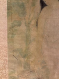 Attributed to Nguyen Gia Tri (1908-1993): 'Bather', ink and watercolour on silk, Tien Sa, dated 1st Jan. 1974