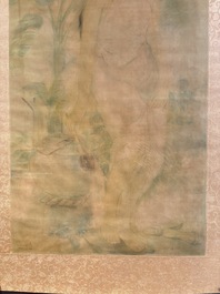 Attributed to Nguyen Gia Tri (1908-1993): 'Bather', ink and watercolour on silk, Tien Sa, dated 1st Jan. 1974