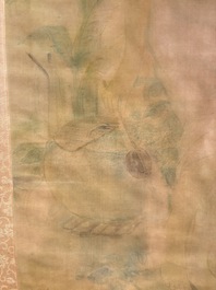 Attributed to Nguyen Gia Tri (1908-1993): 'Bather', ink and watercolour on silk, Tien Sa, dated 1st Jan. 1974