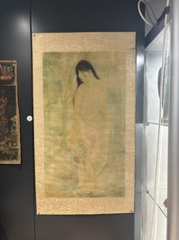 Attributed to Nguyen Gia Tri (1908-1993): 'Bather', ink and watercolour on silk, Tien Sa, dated 1st Jan. 1974