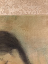 Attributed to Nguyen Gia Tri (1908-1993): 'Bather', ink and watercolour on silk, Tien Sa, dated 1st Jan. 1974