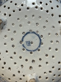 A blue and white Dutch Delft Kangxi-style strawberry strainer and stand, 18th C.