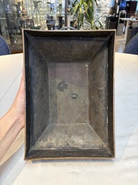 A pair of Chinese cloisonn&eacute; 'Fangding' censers and covers with Taotie design on carved wooden stands, 19th C.