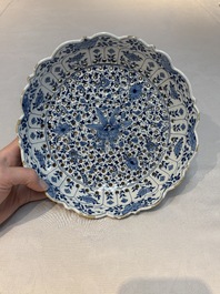 A blue and white Dutch Delft Kangxi-style strawberry strainer and stand, 18th C.
