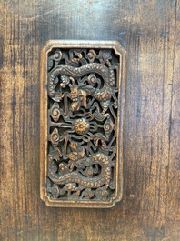 A pair of Chinese cloisonn&eacute; 'Fangding' censers and covers with Taotie design on carved wooden stands, 19th C.