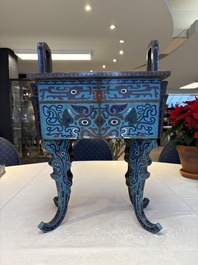 A pair of Chinese cloisonn&eacute; 'Fangding' censers and covers with Taotie design on carved wooden stands, 19th C.