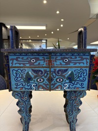 A pair of Chinese cloisonn&eacute; 'Fangding' censers and covers with Taotie design on carved wooden stands, 19th C.