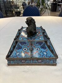 A pair of Chinese cloisonn&eacute; 'Fangding' censers and covers with Taotie design on carved wooden stands, 19th C.