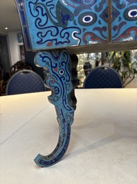 A pair of Chinese cloisonn&eacute; 'Fangding' censers and covers with Taotie design on carved wooden stands, 19th C.