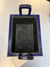 A pair of Chinese cloisonn&eacute; 'Fangding' censers and covers with Taotie design on carved wooden stands, 19th C.