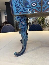 A pair of Chinese cloisonn&eacute; 'Fangding' censers and covers with Taotie design on carved wooden stands, 19th C.