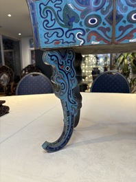 A pair of Chinese cloisonn&eacute; 'Fangding' censers and covers with Taotie design on carved wooden stands, 19th C.