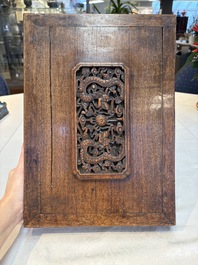 A pair of Chinese cloisonn&eacute; 'Fangding' censers and covers with Taotie design on carved wooden stands, 19th C.