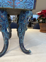 A pair of Chinese cloisonn&eacute; 'Fangding' censers and covers with Taotie design on carved wooden stands, 19th C.