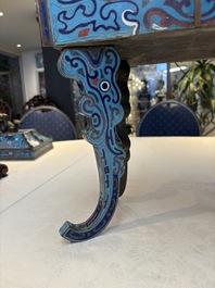 A pair of Chinese cloisonn&eacute; 'Fangding' censers and covers with Taotie design on carved wooden stands, 19th C.