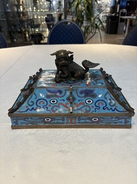 A pair of Chinese cloisonn&eacute; 'Fangding' censers and covers with Taotie design on carved wooden stands, 19th C.