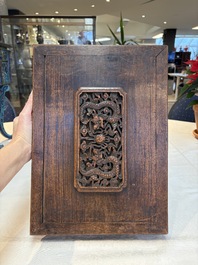 A pair of Chinese cloisonn&eacute; 'Fangding' censers and covers with Taotie design on carved wooden stands, 19th C.