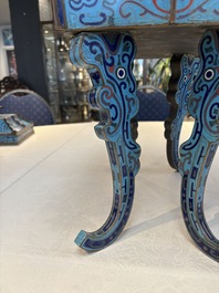 A pair of Chinese cloisonn&eacute; 'Fangding' censers and covers with Taotie design on carved wooden stands, 19th C.