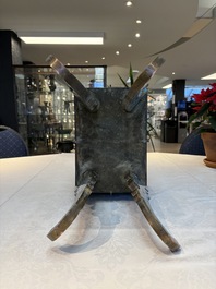 A pair of Chinese cloisonn&eacute; 'Fangding' censers and covers with Taotie design on carved wooden stands, 19th C.