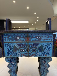 A pair of Chinese cloisonn&eacute; 'Fangding' censers and covers with Taotie design on carved wooden stands, 19th C.