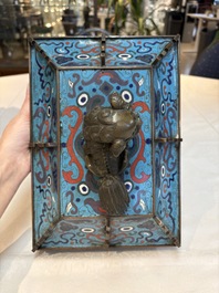 A pair of Chinese cloisonn&eacute; 'Fangding' censers and covers with Taotie design on carved wooden stands, 19th C.