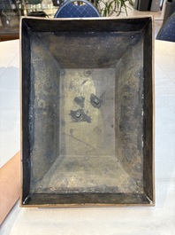 A pair of Chinese cloisonn&eacute; 'Fangding' censers and covers with Taotie design on carved wooden stands, 19th C.