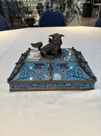 A pair of Chinese cloisonn&eacute; 'Fangding' censers and covers with Taotie design on carved wooden stands, 19th C.