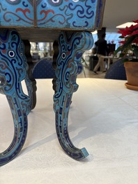 A pair of Chinese cloisonn&eacute; 'Fangding' censers and covers with Taotie design on carved wooden stands, 19th C.