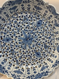 A blue and white Dutch Delft Kangxi-style strawberry strainer and stand, 18th C.