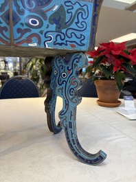 A pair of Chinese cloisonn&eacute; 'Fangding' censers and covers with Taotie design on carved wooden stands, 19th C.