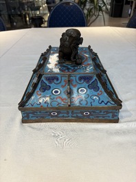 A pair of Chinese cloisonn&eacute; 'Fangding' censers and covers with Taotie design on carved wooden stands, 19th C.