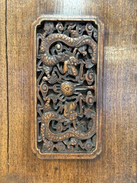 A pair of Chinese cloisonn&eacute; 'Fangding' censers and covers with Taotie design on carved wooden stands, 19th C.