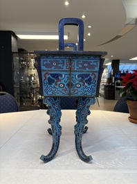 A pair of Chinese cloisonn&eacute; 'Fangding' censers and covers with Taotie design on carved wooden stands, 19th C.