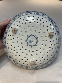A blue and white Dutch Delft Kangxi-style strawberry strainer and stand, 18th C.