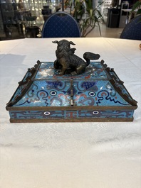 A pair of Chinese cloisonn&eacute; 'Fangding' censers and covers with Taotie design on carved wooden stands, 19th C.