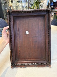 A pair of Chinese cloisonn&eacute; 'Fangding' censers and covers with Taotie design on carved wooden stands, 19th C.