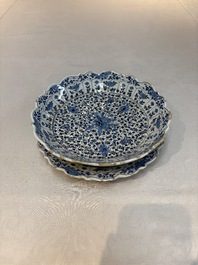 A blue and white Dutch Delft Kangxi-style strawberry strainer and stand, 18th C.