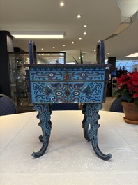 A pair of Chinese cloisonn&eacute; 'Fangding' censers and covers with Taotie design on carved wooden stands, 19th C.