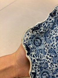 A fine blue and white Dutch Delft strawberry strainer and stand, 18th C.