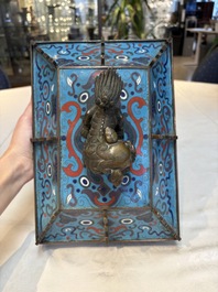 A pair of Chinese cloisonn&eacute; 'Fangding' censers and covers with Taotie design on carved wooden stands, 19th C.