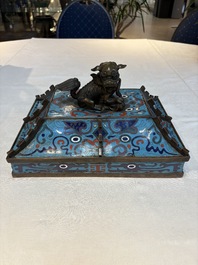 A pair of Chinese cloisonn&eacute; 'Fangding' censers and covers with Taotie design on carved wooden stands, 19th C.