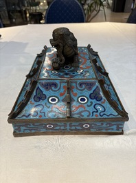 A pair of Chinese cloisonn&eacute; 'Fangding' censers and covers with Taotie design on carved wooden stands, 19th C.