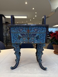 A pair of Chinese cloisonn&eacute; 'Fangding' censers and covers with Taotie design on carved wooden stands, 19th C.