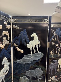A Chinese precious-stone-inset gilt-lacquered four-panel 'Ba Jun Tu 八骏图' folding screen, 20th C.
