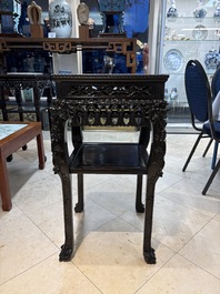 Two Chinese marble-topped hongmu two-tier square stands, 19/20th C.