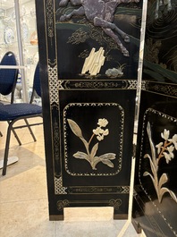 A Chinese precious-stone-inset gilt-lacquered four-panel 'Ba Jun Tu 八骏图' folding screen, 20th C.