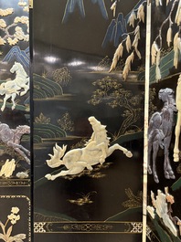 A Chinese precious-stone-inset gilt-lacquered four-panel 'Ba Jun Tu 八骏图' folding screen, 20th C.