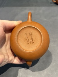 Three Chinese Yixing stoneware teapots, Chen Ziwen 陳子文 and Wen Cai 文彩 mark, Kangxi and later