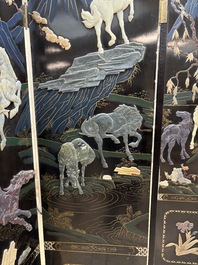 A Chinese precious-stone-inset gilt-lacquered four-panel 'Ba Jun Tu 八骏图' folding screen, 20th C.