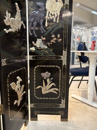 A Chinese precious-stone-inset gilt-lacquered four-panel 'Ba Jun Tu 八骏图' folding screen, 20th C.